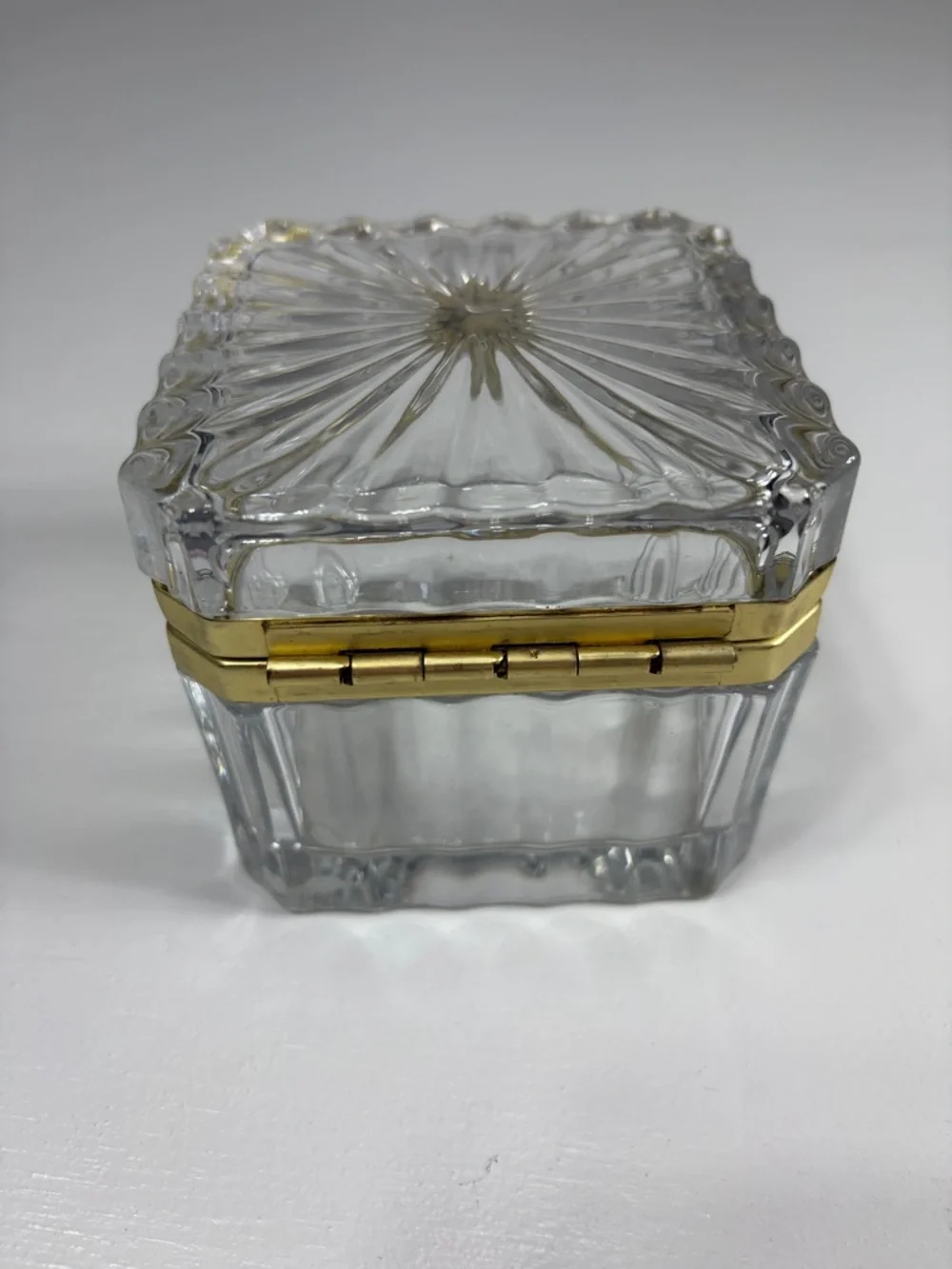 Vintage crystal jewelry casket with brass hinge 3 1/2 in. Square trinket box